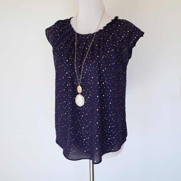 LC Lauren Conrad Tops - LAUREN CONRAD Size Medium Dark Blue Gold Polka dot Blouse Career